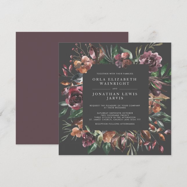 Square Moody Fall Floral Burst Wedding Invitation (Front/Back)
