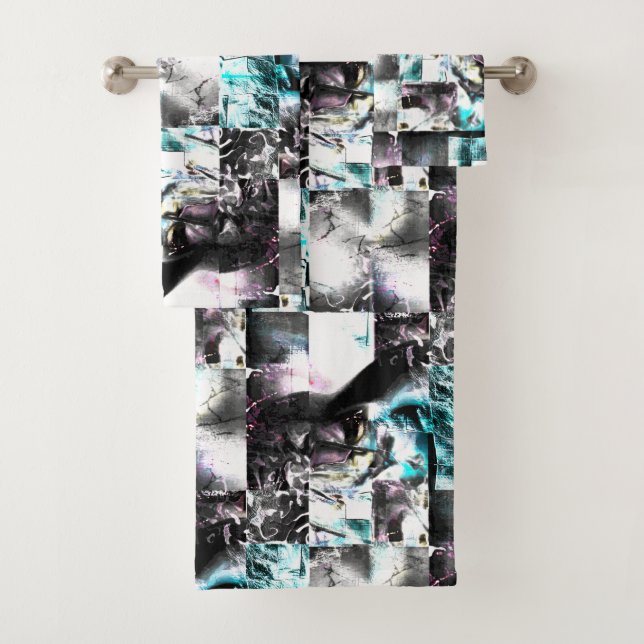 Square mosaic of messy textures in silver to cyan  bath towel set (Insitu)
