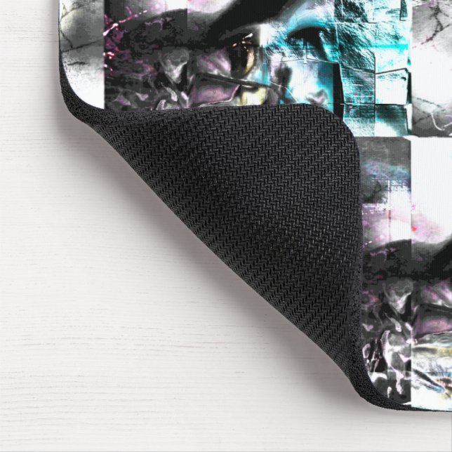 Square mosaic of messy textures in silver to cyan  mouse mat (Corner)