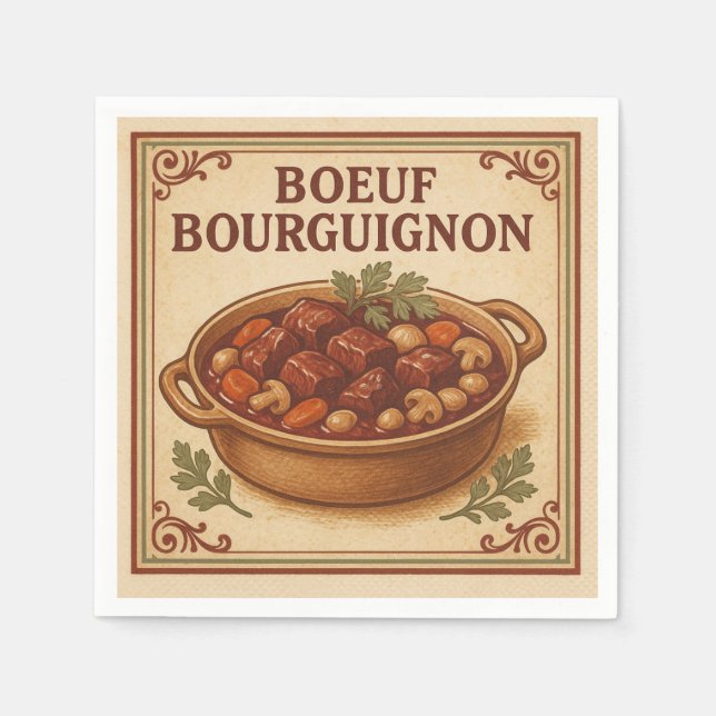 Square Napkin  Boeuf Bourguignon, Retro Style (Front)