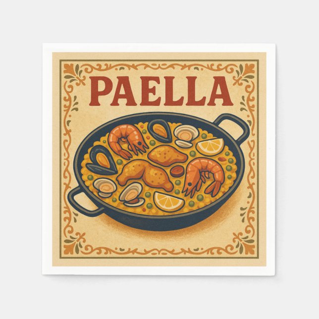 Square Napkin  (Paella, Retro Style) (Front)