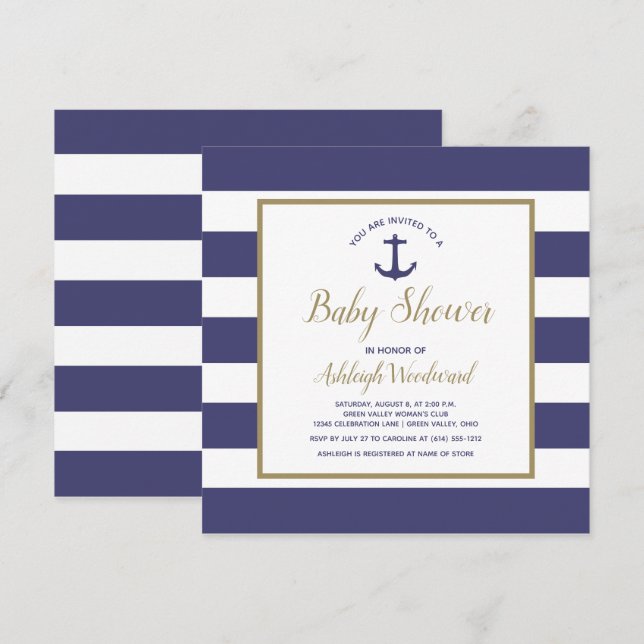 Square Nautical Anchor Navy Blue Boy Baby Shower Invitation (Front/Back)