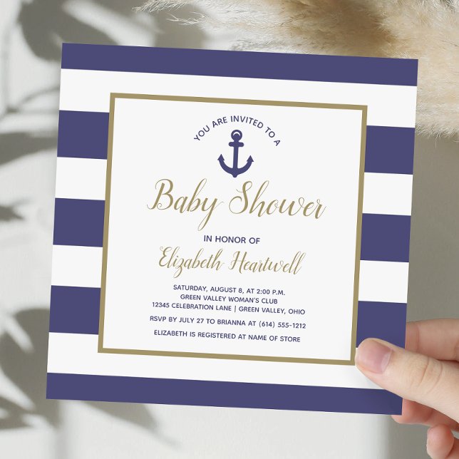 Square Nautical Navy Blue Anchor Boy Baby Shower Invitation (Creator Uploaded)