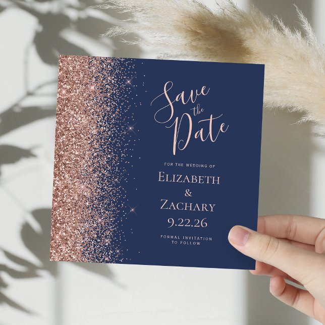 Square Navy Blue Rose Gold Save the Date Announcement (Creator Uploaded)