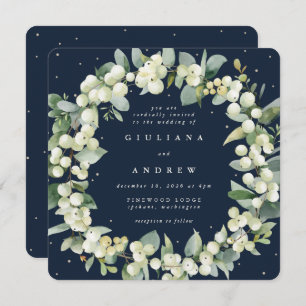 Square Navy Snowberry+Eucalyptus Wreath Wedding Invitation