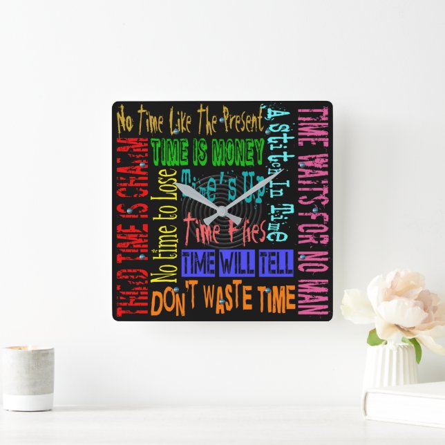Square Neon-Bright Colour Time Sayings Clock (Home)