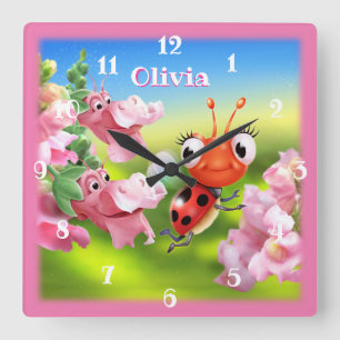 Square Nursery clock Ladybug in the flower garden