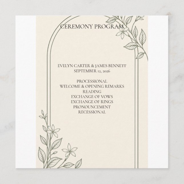 Square Olive Botanical Wedding Ceremony Program Programme (Front)
