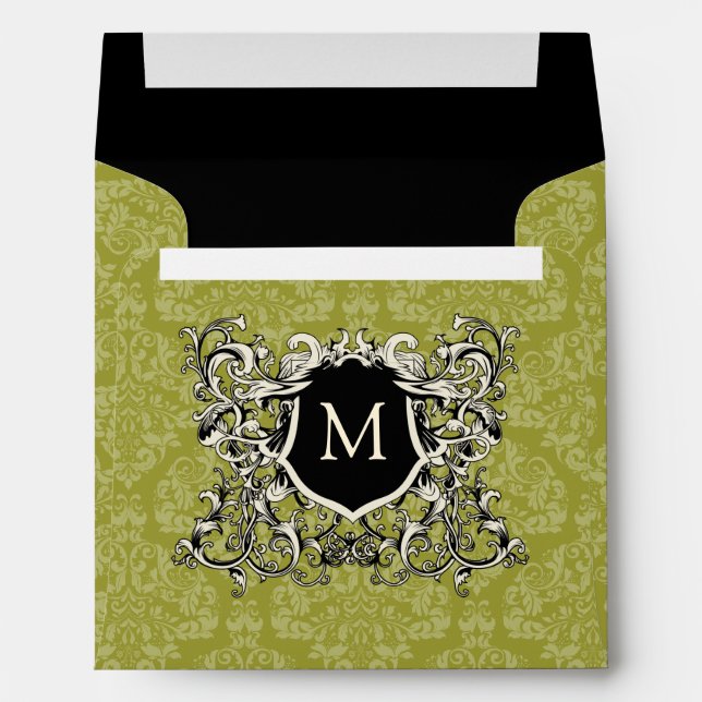 Square Olive Sage Green Damask Monogram Envelopes (Back (Bottom))