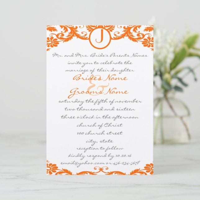 Square Orange Damask Monogram Wedding Invitation (Standing Front)