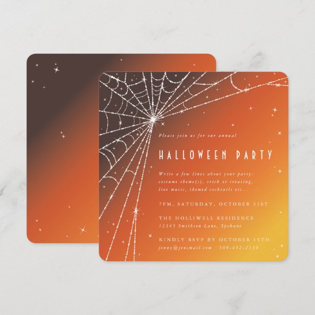 Square Orange Diamond Spider Web Halloween Party Invitation (Front/Back)