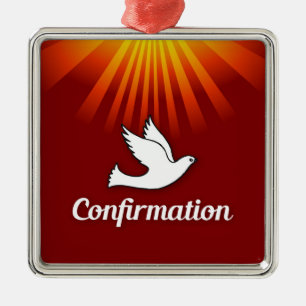 Square Ornament, Confimrtion, Dove on Red, Metal Tree Decoration