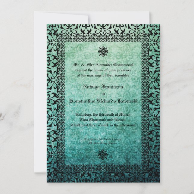 Square Ornate Green Damask Gothic Wedding Invitati Invitation (Front)