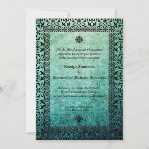 Square Ornate Green Damask Gothic Wedding Invitati Invitation