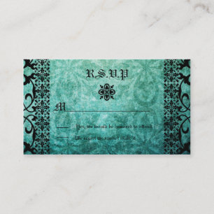 Square Ornate Green Damask Gothic Wedding RSVP Enclosure Card
