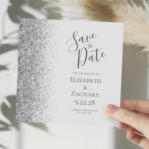 Square Pale Grey Silver Glitter Save the Date Announcement