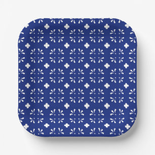 Square Paper Plate Blue White Pattern Tableware 