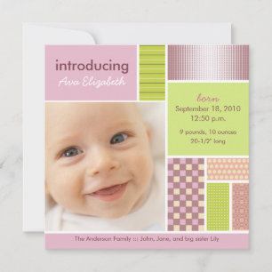 Square Patchwork Pink Designer Birth Announcement