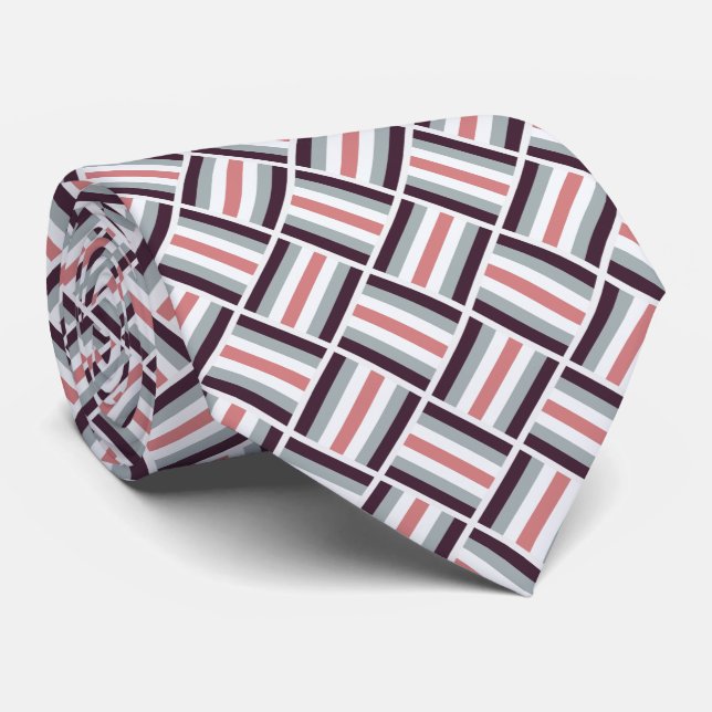 Square Pattern - Dark Red Coral Silver Tie (Rolled)