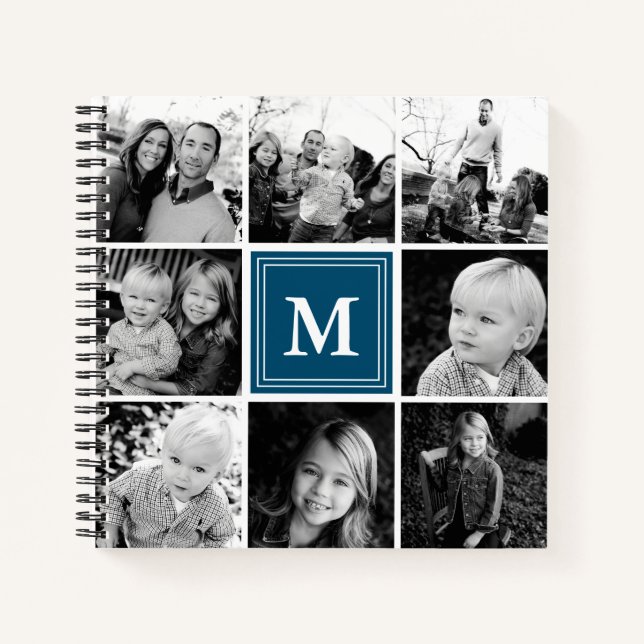 Square Photo Collage Navy Blue Monogrammed Custom Notebook (Front)