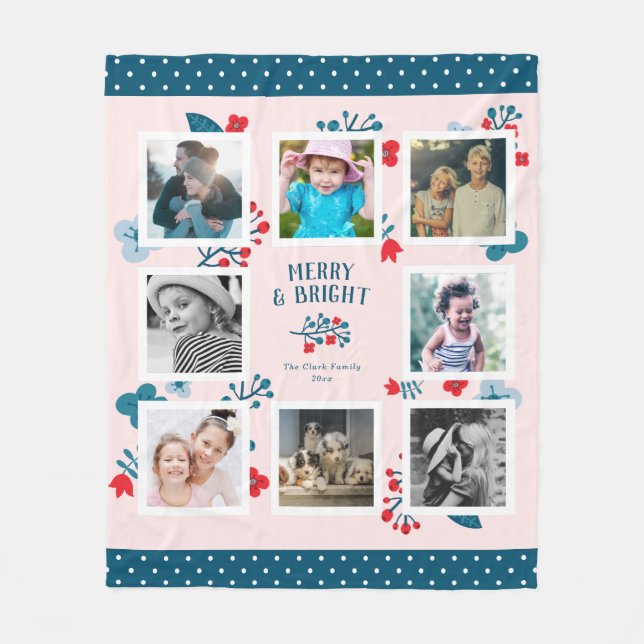 Square Photo Collage Personalised Holiday Gift Fleece Blanket (Front)
