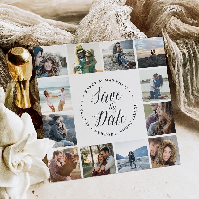Square Photo Collage Save the Date Card | White (Creator Uploaded)