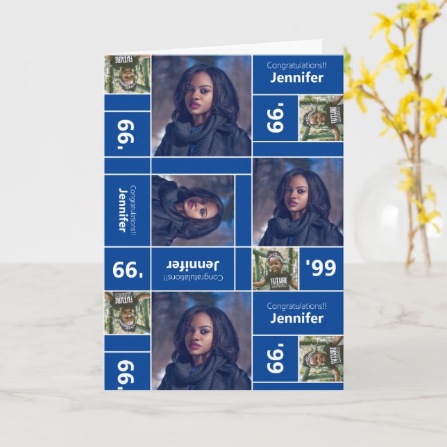 Square Photo Graduation Class Year Blue Card (Yellow Flower)