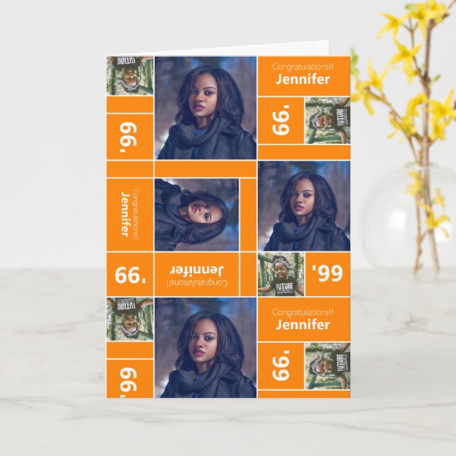 Square Photo Graduation Class Year Orange Card (Yellow Flower)