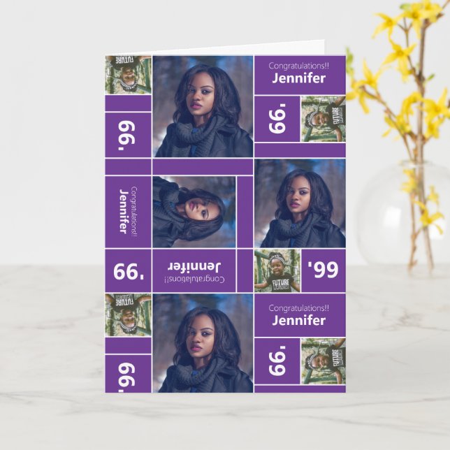 Square Photo Graduation Class Year Purple Card (Yellow Flower)