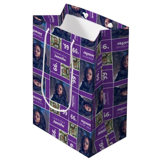 Square Photo Graduation Class Year Purple Medium Gift Bag (Front Angled)