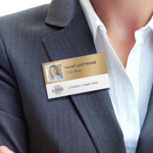 Square Photo Logo Faux Gold White Magnetic Large Name Tag