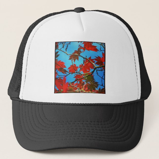 Square Photo - Red Autumn Leaves Trucker Hat (Front)