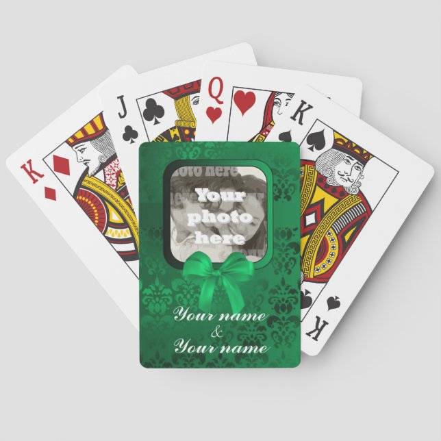 Square photo template on green damask playing cards (Back)