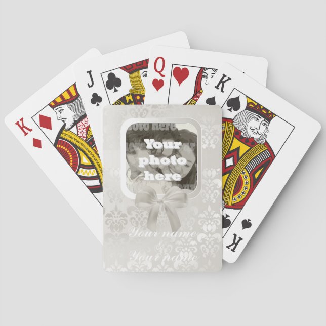 Square photo template on white damask playing cards (Back)