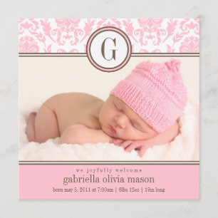 Square Pink Damask   Birth Announcement
