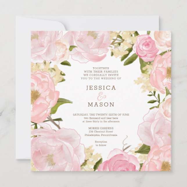 Square Pink Floral Peonies Wedding Invitation (Front)
