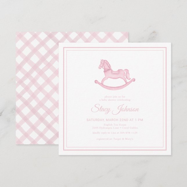 Square Pink Rocking Horse Girl Baby Shower Invite (Front/Back)