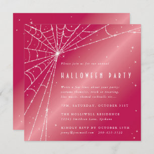 Square Pink Sparkling Spider Web Halloween Party Invitation