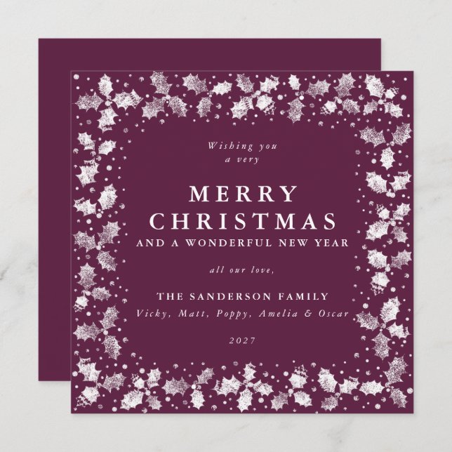 Square Plum Hand Printed Holly Merry Christmas Holiday Card (Front/Back)