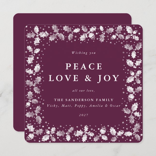 Square Plum Hand Printed Holly Peace Love + Joy Holiday Card (Front/Back)