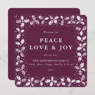 Square Plum Hand Printed Holly Peace Love + Joy Holiday Card