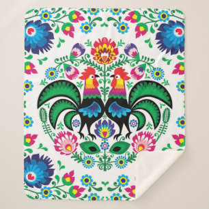 Square Polish Rooster Pattern Sherpa Blanket