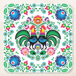 Square Polish Rooster Pattern Square Paper Coaster