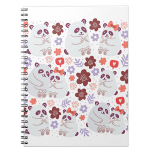 Square poster with cute pandas couples in love wit notebook