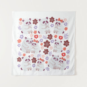 Square poster with cute pandas couples in love wit tapestry
