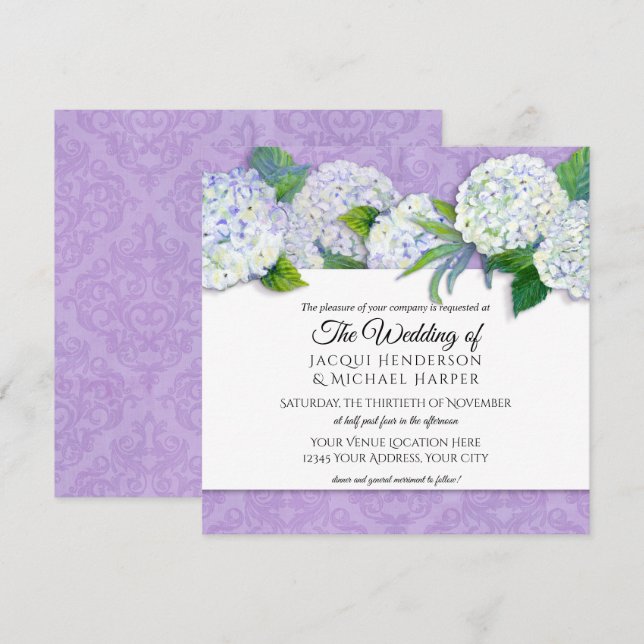 Square Purple Damask Hydrangea Floral Wedding Invitation (Front/Back)
