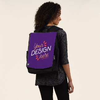 Square purple graphic with playful orange backpack