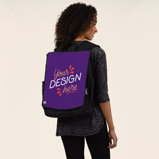 Square purple graphic with playful orange backpack (Worn)
