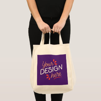 Square purple graphic with playful orange tote bag