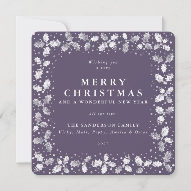 Square Purple Hand Printed Holly Merry Christmas Holiday Card (Front)